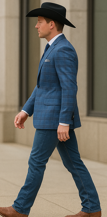 Saco vaquero - Western Sport Coat - Western Blazer- Mens Two Button Slim Fit Sport Coat Blazer In Medium Indigo Blue Windowpane Plaid