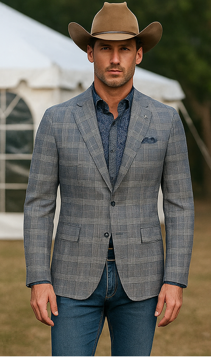 Saco vaquero - Western Sport Coat - Western Blazer - Mens Two Button Slim Fit Unconstructed Summer Blazer In Grey & Blue Windowpane Plaid