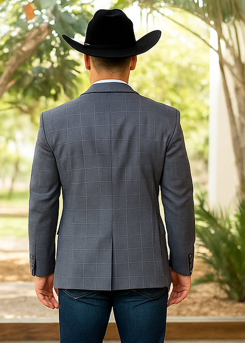 Saco vaquero - Western Sport Coat - Western Blazer - Men's Two Button Windowpane Plaid Blue Sport Coat