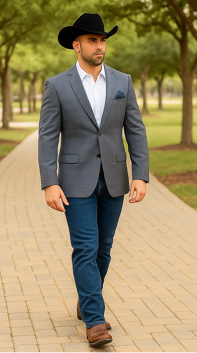 Saco vaquero - Western Sport Coat - Western Blazer - Men's Two Button Windowpane Plaid Blue Sport Coat