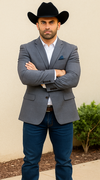 Saco vaquero - Western Sport Coat - Western Blazer - Men's Two Button Windowpane Plaid Blue Sport Coat