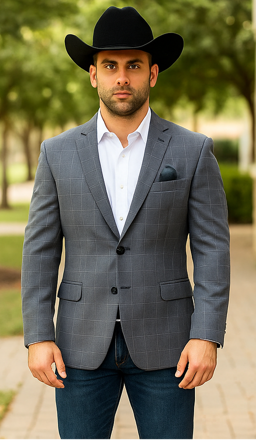 Saco vaquero - Western Sport Coat - Western Blazer - Men's Two Button Windowpane Plaid Blue Sport Coat