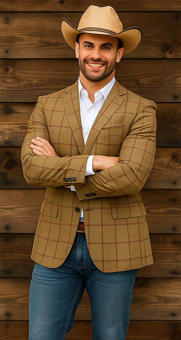 Saco vaquero - Western Sport Coat - Western Blazer- Men's Two Button Windowpane Plaid Bronze Sport Coat