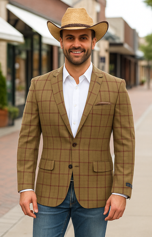 Saco vaquero - Western Sport Coat - Western Blazer- Men's Two Button Windowpane Plaid Bronze Sport Coat