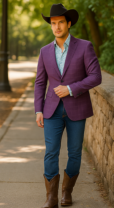 Saco vaquero - Western Sport Coat - Western Blazer  - Men's Two Button Windowpane Plaid Magenta  Sport Coat Blazer