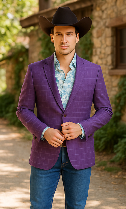 Saco vaquero - Western Sport Coat - Western Blazer  - Men's Two Button Windowpane Plaid Magenta  Sport Coat Blazer