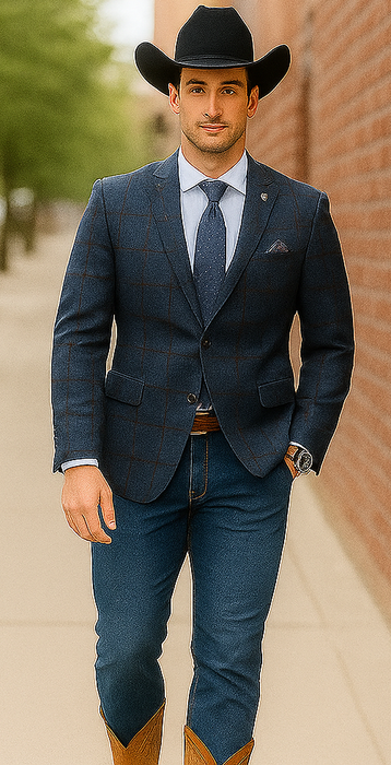 Saco vaquero - Western Sport Coat - Western Blazer  - Mens Slim Fit Half Canvas Patch Pocket Summer Cotton Blazer In Navy Blue Windowpane Plaid