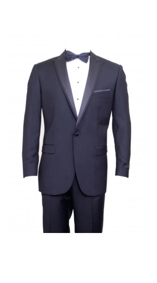 Men'S Navy Flap Pocket Top Satin Trim Slim Fit Suit Peak Lapel Tuxedo Suit - Wide Lapel Tuxedo