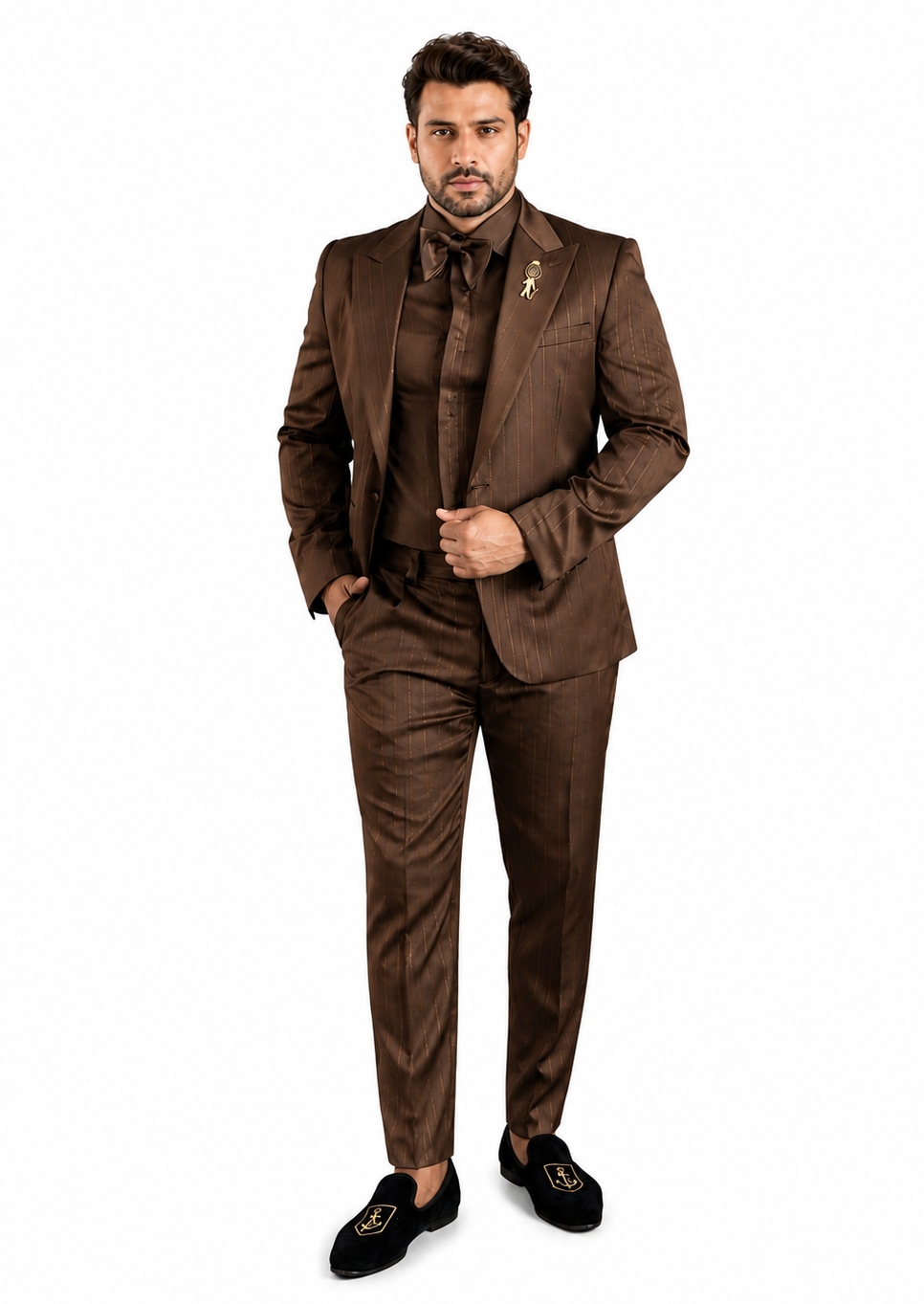 Shiny Satin Charmeuse Metallic Stripe Sheen Monochromatic Pinstripe Suit By Rossiman in Color Brown Tailored Fit + Matching Shirt Tie (4-Piece) Modern Fit