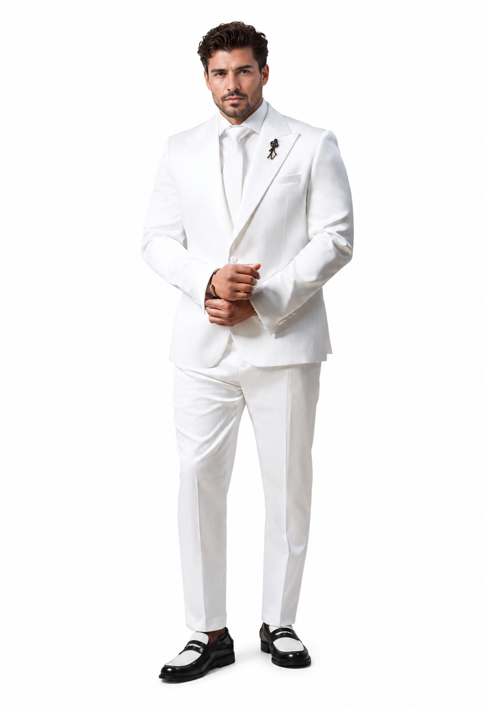 Shiny Satin Charmeuse Metallic Stripe Sheen Monochromatic Pinstripe Suit By Rossiman in Color White Tailored Fit + Matching Shirt Tie (4-Piece) Modern Fit