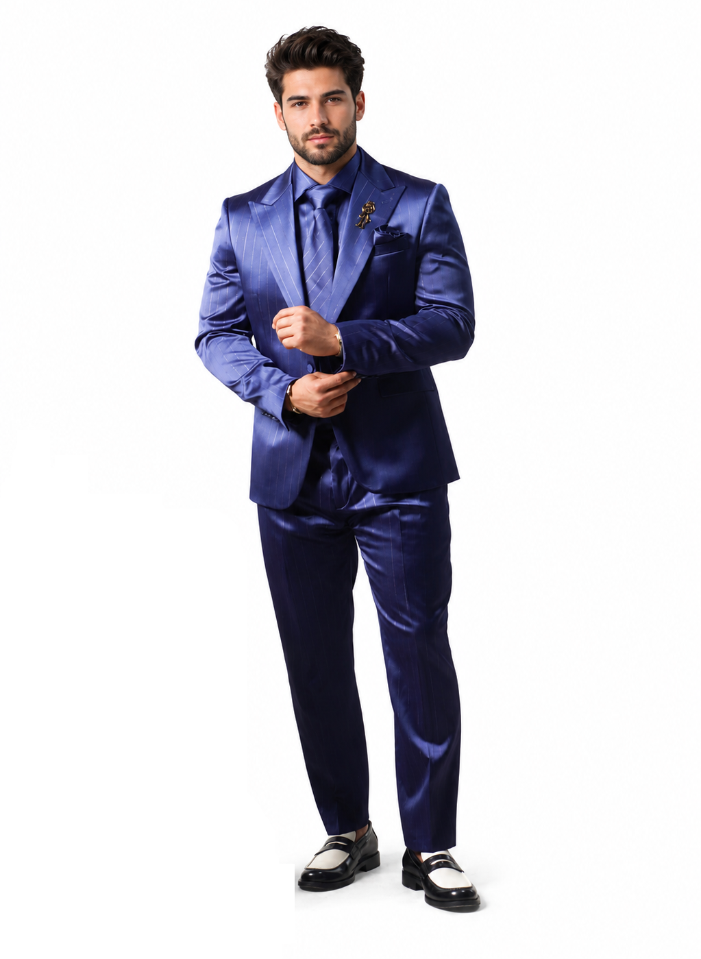 Shiny Satin Charmeuse Metallic Stripe Sheen Monochromatic Pinstripe Suit By Rossiman in Color Navy Tailored Fit + Matching Shirt Tie (4-Piece) Modern Fit
