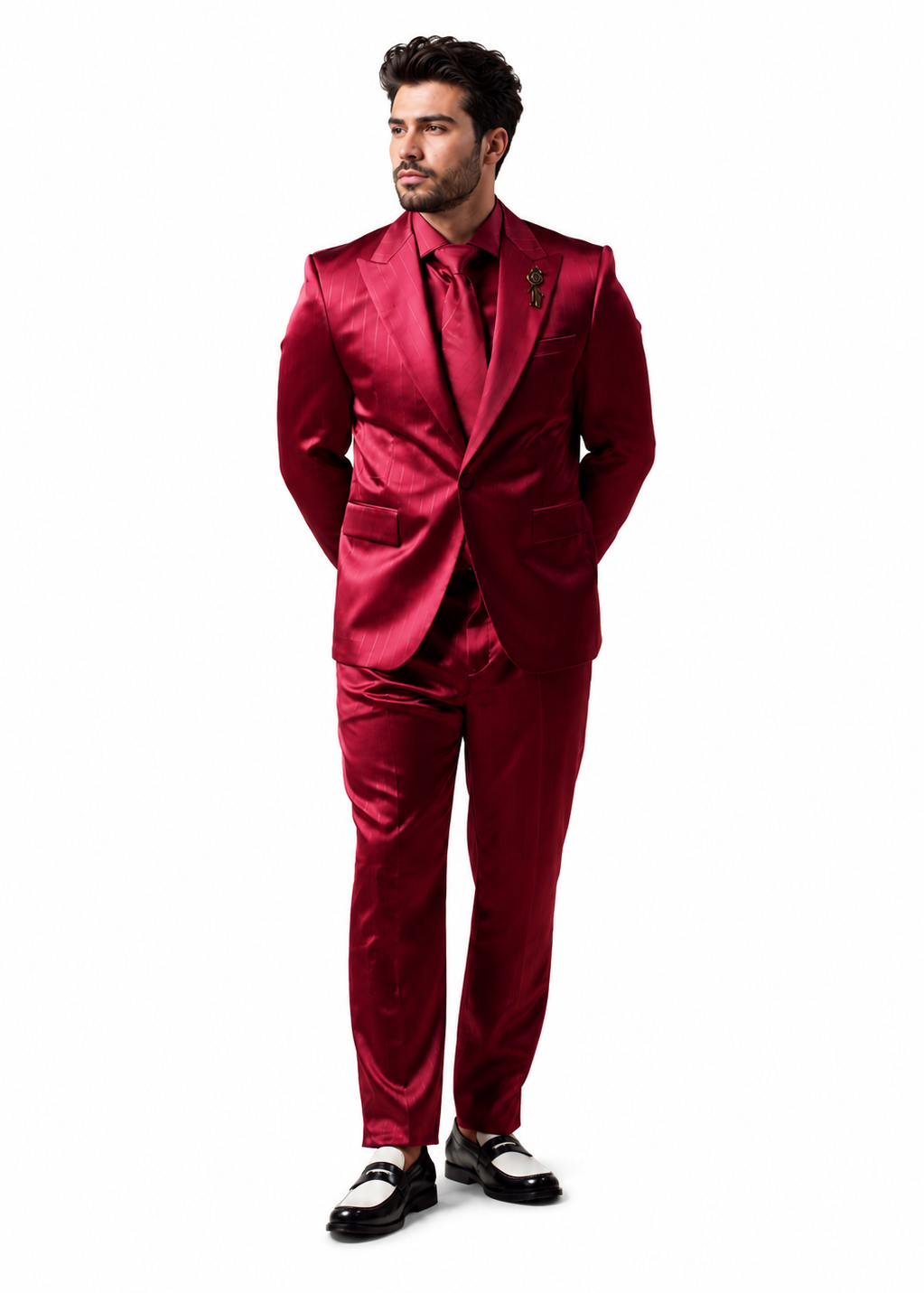 36 Shiny Satin Charmeuse Metallic Stripe Sheen Monochromatic Pinstripe Suit By Rossiman in Color Burgundy Tailored Fit + Matching Shirt Tie (4-Piece) Modern Fit
