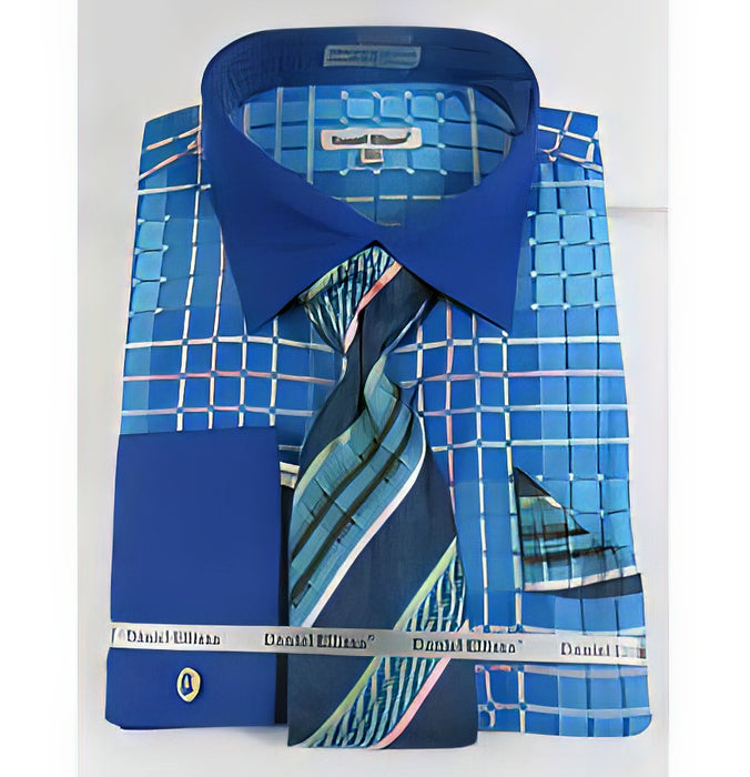 Mens Turquoise Dress Shirt Turquoise Blue Window Pane Pattern French Cuff With Collar Men'S Dress Shirt