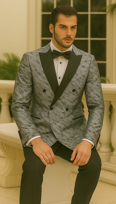 Silver Double Breasted Rough Streak Pattern Satin Peak Lapel Stacy Adams Men's Jacket