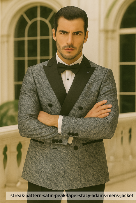 Silver Double Breasted Rough Streak Pattern Satin Peak Lapel Stacy Adams Men's Jacket