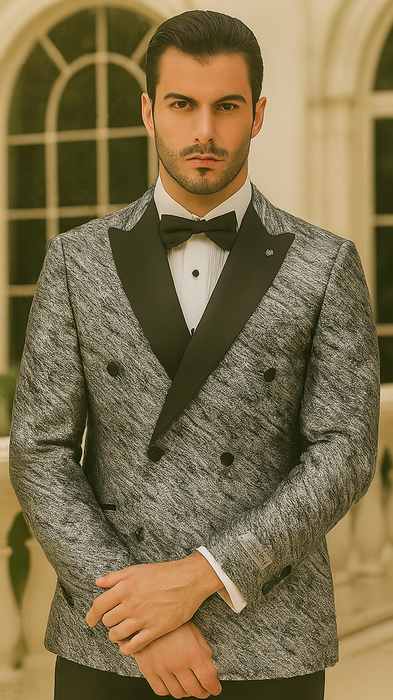 Silver Double Breasted Rough Streak Pattern Satin Peak Lapel Stacy Adams Men's Jacket