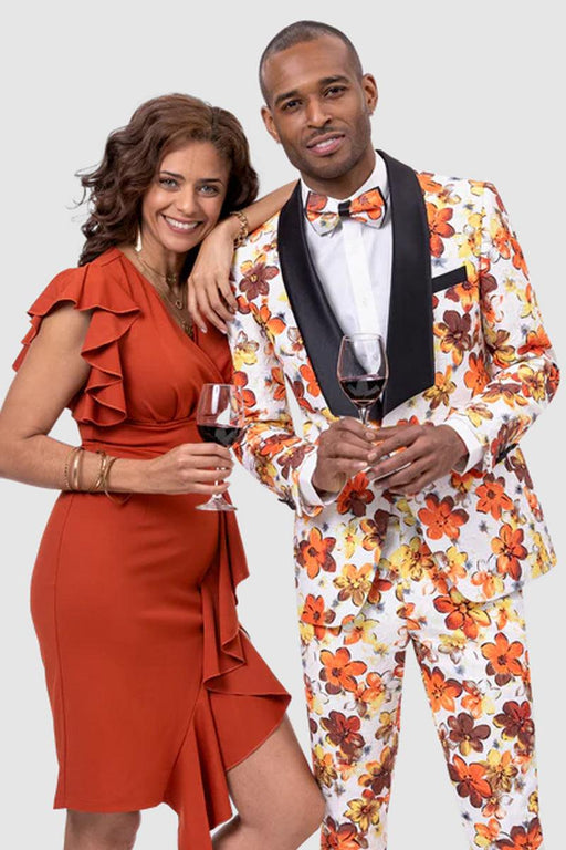 Sleek Orange Floral Square Shawl Tuxedo by EJ Samuel