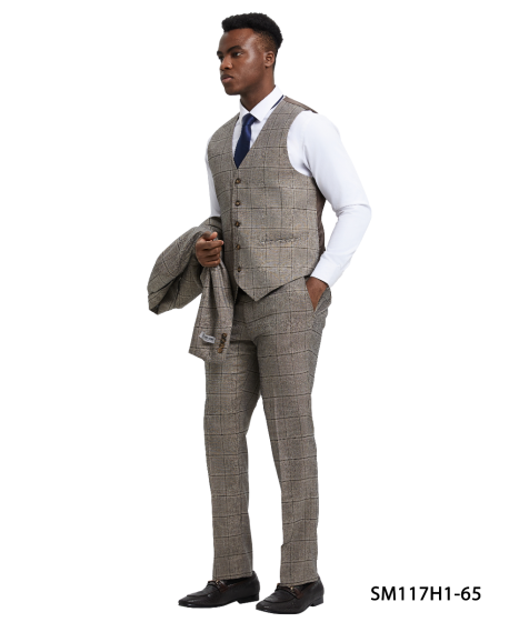 Stacy Adams Men's 3 Piece Hybrid Windowpane Suit - Notch Lapel Modern Fit