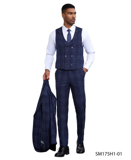 Stacy Adams Men's 3 Piece Hybrid Fit Suit - Window Plaid Modern Fit