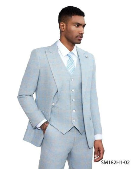 Stacy Adams Men's 3 Piece Windowpane Suit - Hybrid Fit Modern Fit