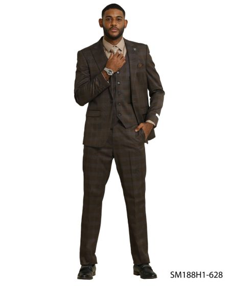 Stacy Adams Men's 3 Piece Hybrid Fit Suit - Glen Check Pattern Modern Fit