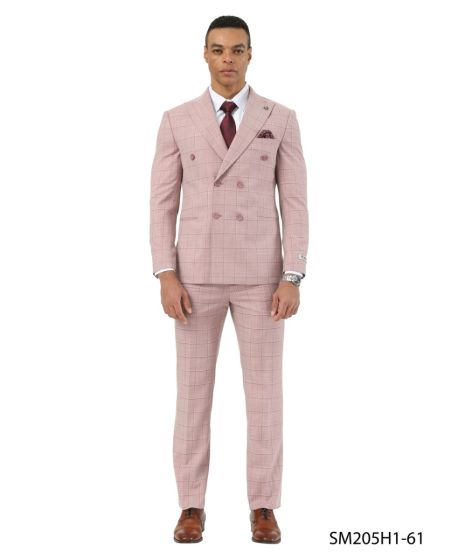 Stacy Adams Men's 2 Piece Windowpane Hybrid Fit Suit - Double Breasted Modern Fit