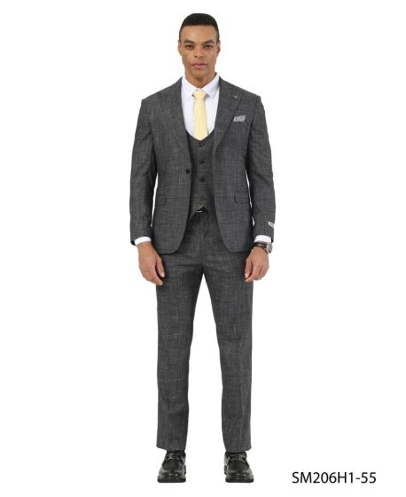 Stacy Adams Men's 3 Piece Hybrid Fit Suit - Textured Windowpane Modern Fit