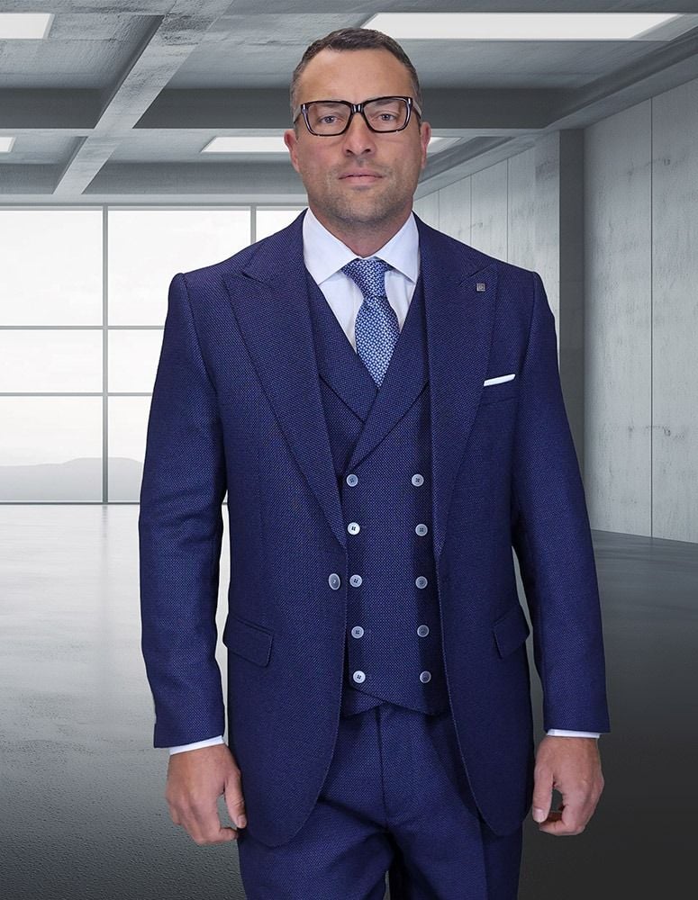 Statement Mens Classic Fit 3 Piece 100% Super 200s Wool Woven Texture Suit – Wide Leg Pleated Pants