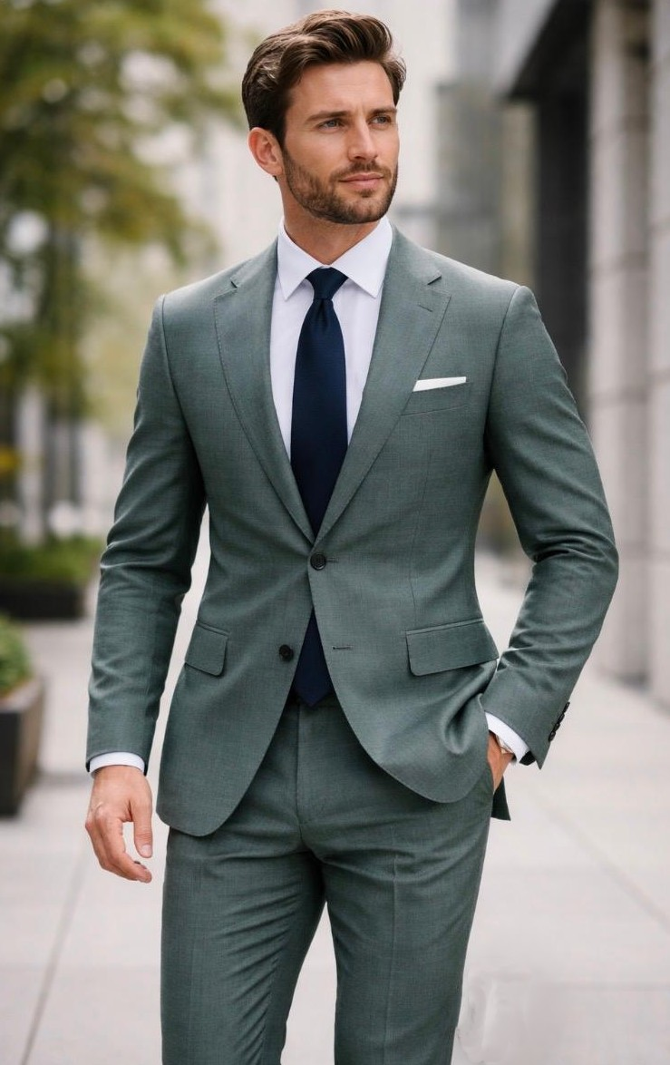 Statement Mens 2 Piece 100% Wool Textured Solid Suit – Single Breasted Notch Lapel Jacket Modern Fit