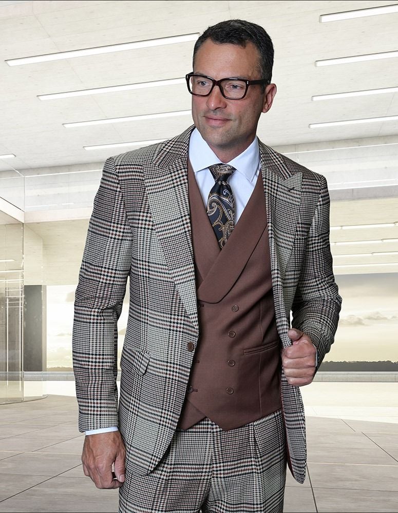 Statement Mens 3 Piece 100% Super 200s Wool Plaid Suit – Peak Lapel, Double Breasted Vest Modern Fit
