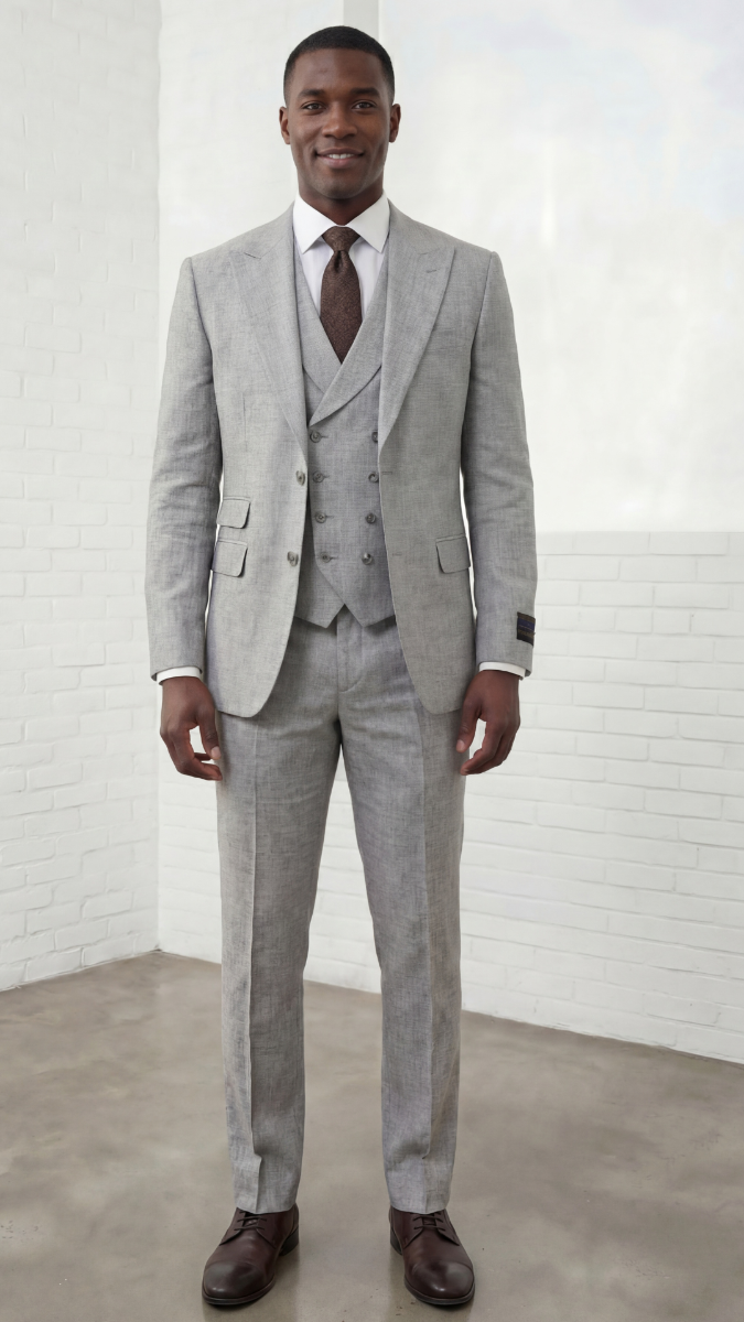 Statement Mens 3 Piece 100% Super 200s Wool Suit – Peak Lapel, Double Breasted Vest Modern Fit