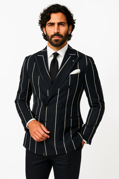 1920s style in this Gangster Pinstripe Double-Breasted Suit. Black/Gold or Navy/White options—perfect for Gatsby parties, cosplay, or vintage flair.