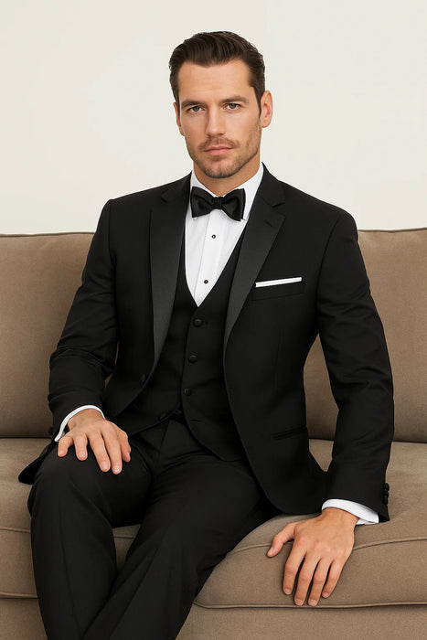 (36R, 46L) Regular Fit Black 2 Piece Tuxedo With Satin Lapel