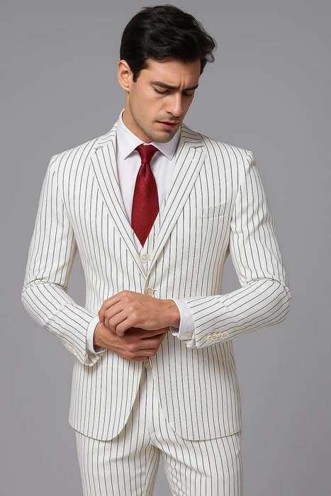 SKU#JA60387 White Suit With Black Pinstripe - 1920's 1940's Dress Suit