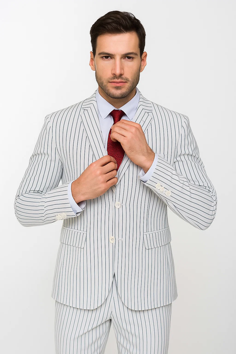 SKU#JA60387 White Suit With Black Pinstripe - 1920's 1940's Dress Suit