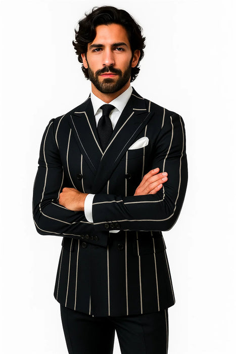 1920s style in this Gangster Pinstripe Double-Breasted Suit. Black/Gold or Navy/White options—perfect for Gatsby parties, cosplay, or vintage flair.