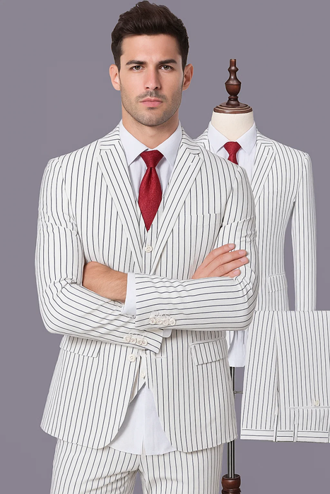 SKU#JA60387 White Suit With Black Pinstripe - 1920's 1940's Dress Suit