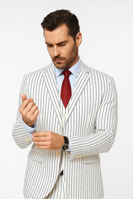 SKU#JA60387 White Suit With Black Pinstripe - 1920's 1940's Dress Suit