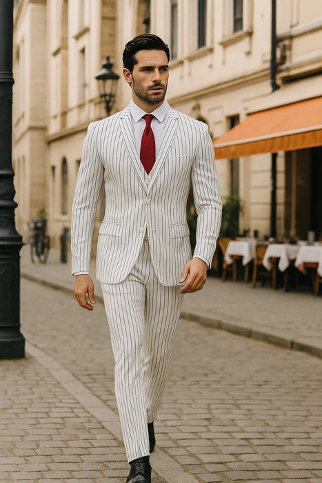 SKU#JA60387 White Suit With Black Pinstripe - 1920's 1940's Dress Suit