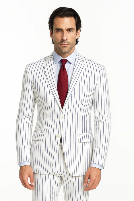 SKU#JA60387 White Suit With Black Pinstripe - 1920's 1940's Dress Suit