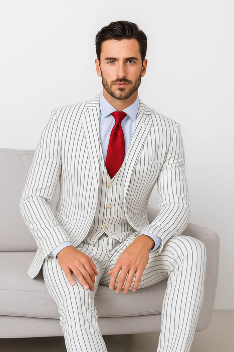 SKU#JA60387 White Suit With Black Pinstripe - 1920's 1940's Dress Suit