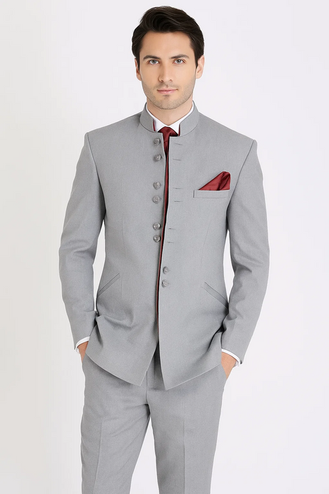 Mandarin Collar Tuxedo - Mandarin Tuxedo - No Collar Suit - Light Grey Suit