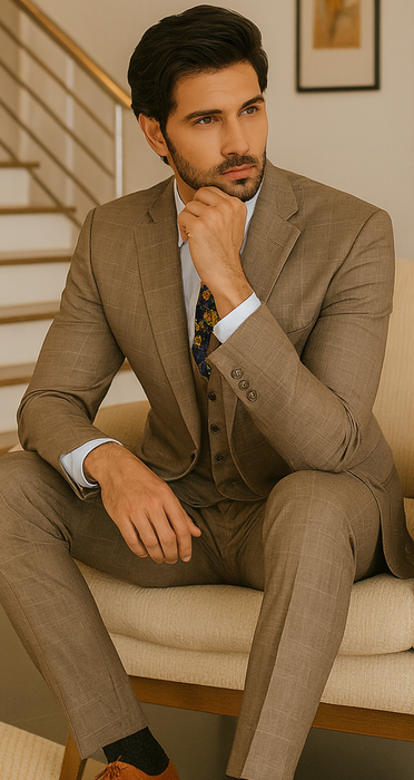Tan Plaid Suit - Vested Suit - 3 Piece Suits - Peak Lapel Suits - Windowpane Suit - 2 Button