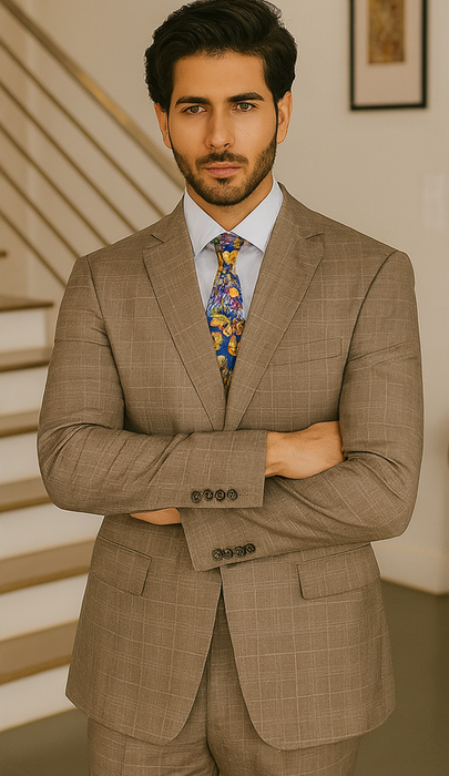 Tan Plaid Suit - Vested Suit - 3 Piece Suits - Peak Lapel Suits - Windowpane Suit - 2 Button
