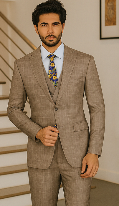 Tan Plaid Suit - Vested Suit - 3 Piece Suits - Peak Lapel Suits - Windowpane Suit - 2 Button