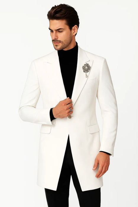 Mens Velvet Tuxedo 34 Inch Long Coat - Velvet Blazer - Three Quarter White Dinner Jacket