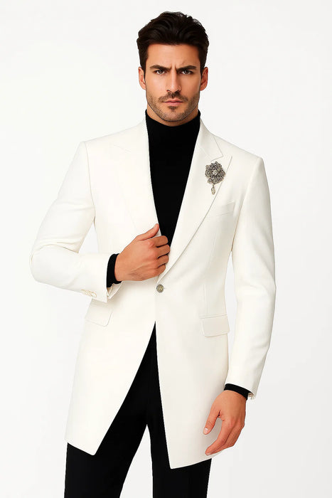 Mens Velvet Tuxedo 34 Inch Long Coat - Velvet Blazer - Three Quarter White Dinner Jacket