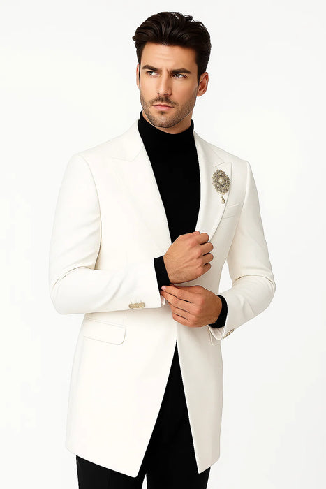 Mens Velvet Tuxedo 34 Inch Long Coat - Velvet Blazer - Three Quarter White Dinner Jacket