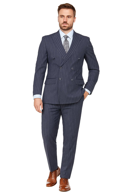 Men's Dark Navy Blue Double Breasted Suit Slim Fit Bold Stripe Peak Lapel Suit