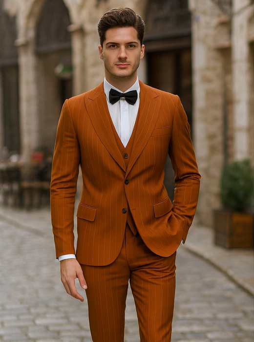 Stylish Modern Men’s Terracotta Orange Pinstriped Suit – Tazzio Skinny Fit Suit